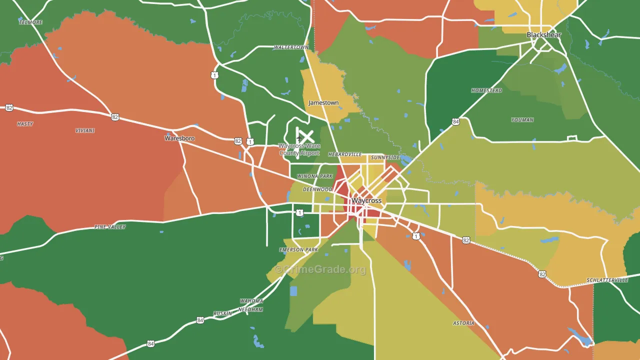 Ware County, GA Map of Robbery Rates