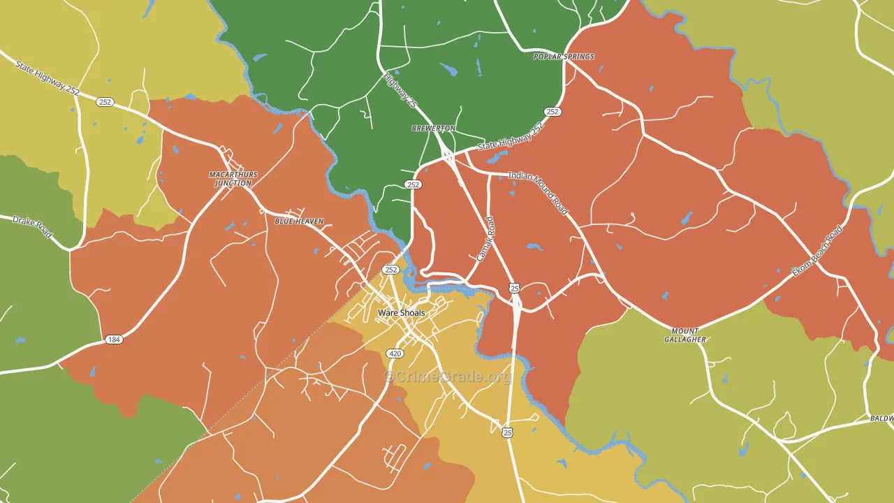 Ware Shoals, SC Map of Robbery Rates