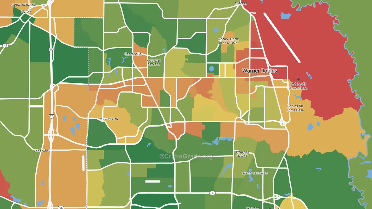 Warner Robins, GA Map of Robbery Rates