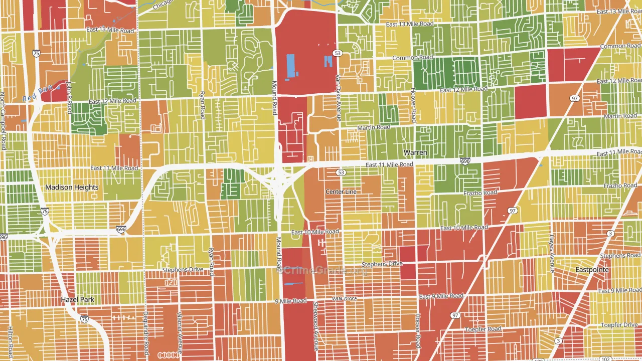 Warren, MI Map of Robbery Rates