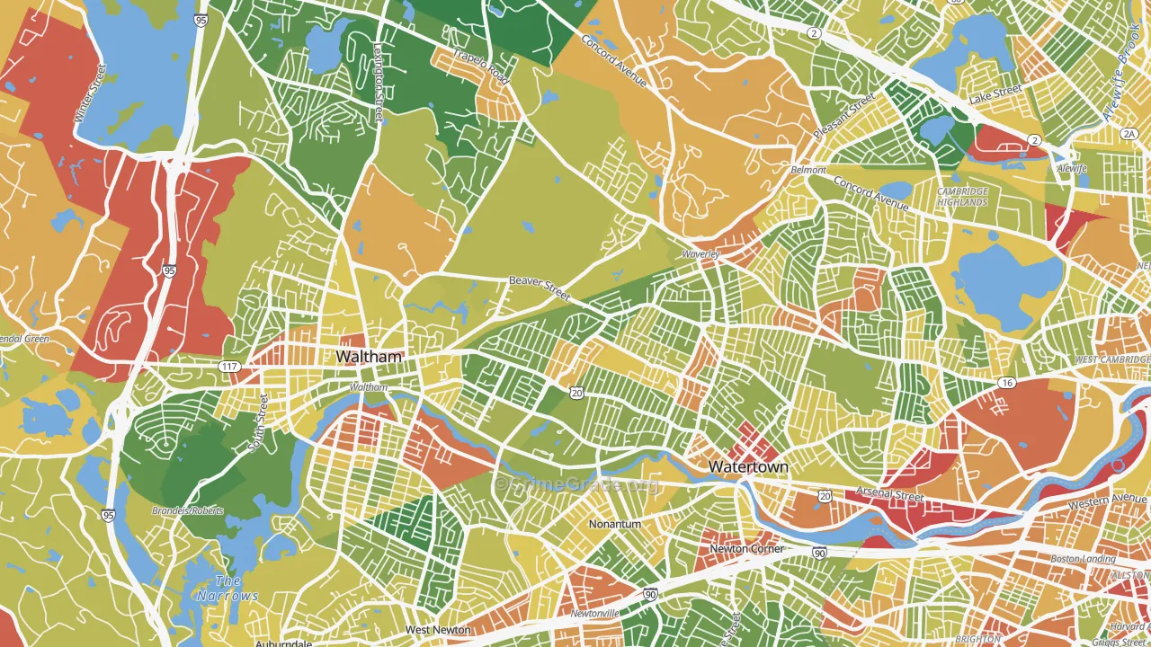 Warrendale, Waltham, MA Map of Robbery Rates