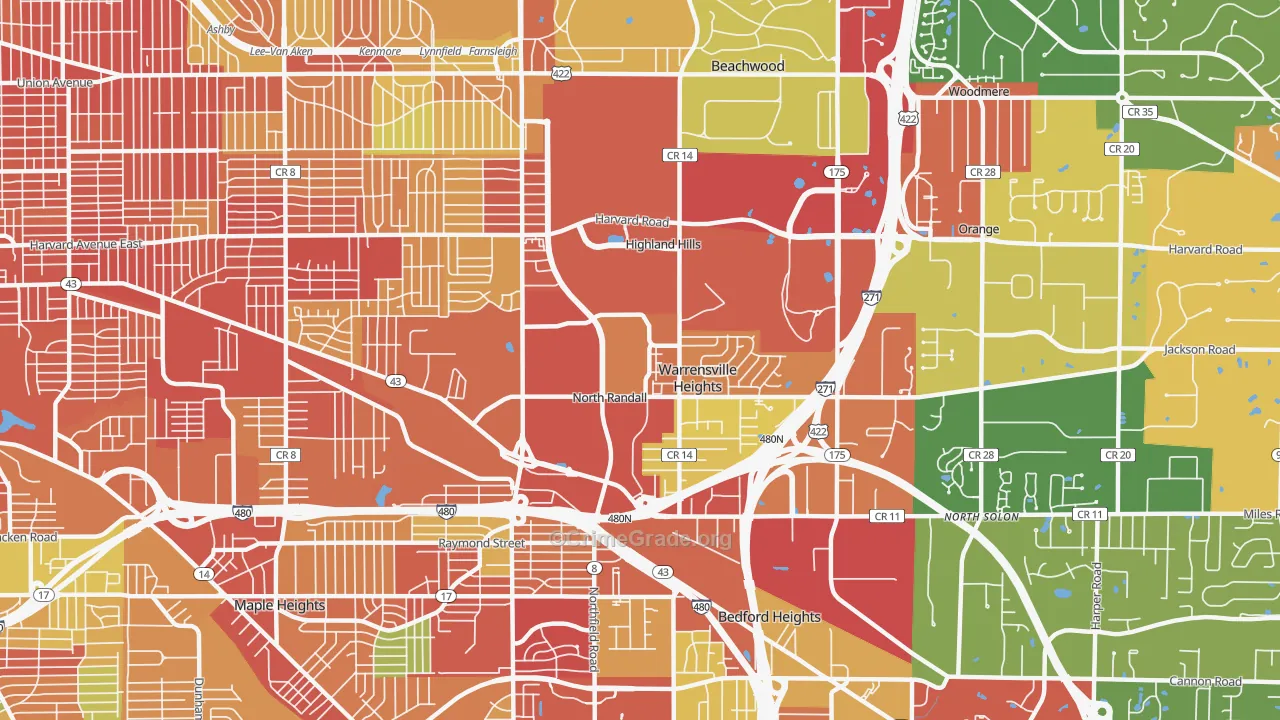Warrensville Heights, OH Map of Robbery Rates