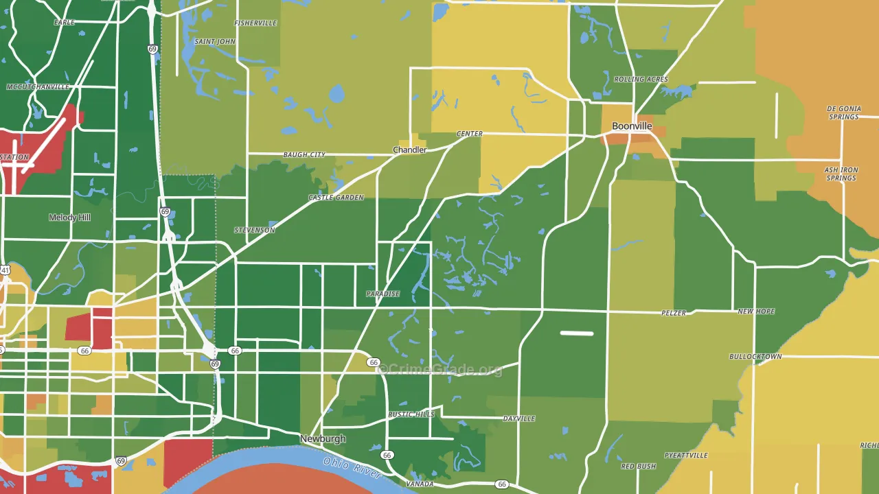 Warrick County, IN Map of Robbery Rates