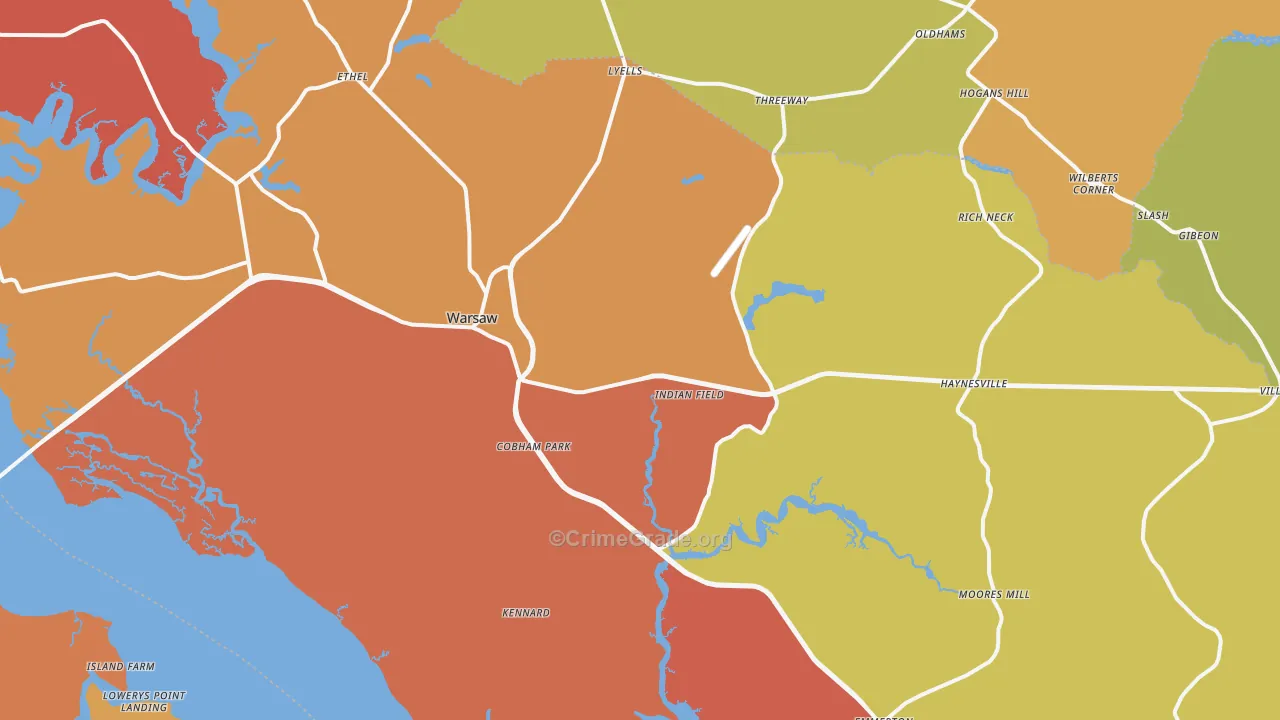 Warsaw, VA Map of Robbery Rates