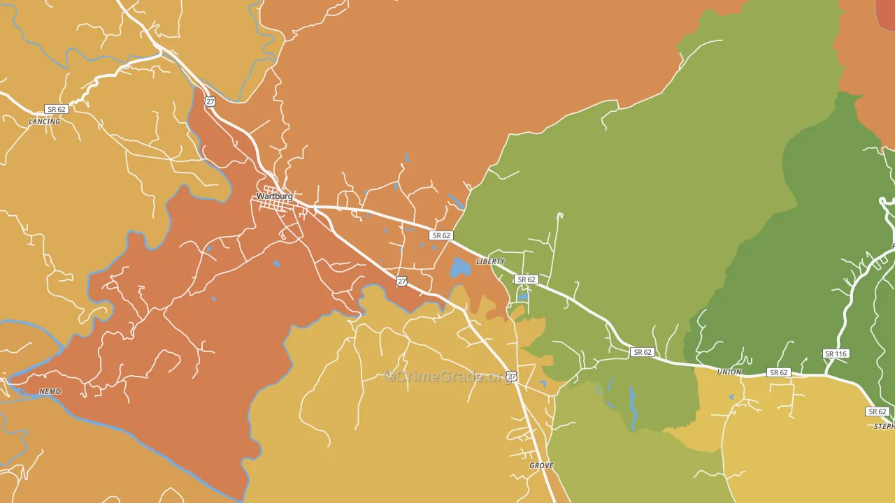 Wartburg, TN Map of Robbery Rates