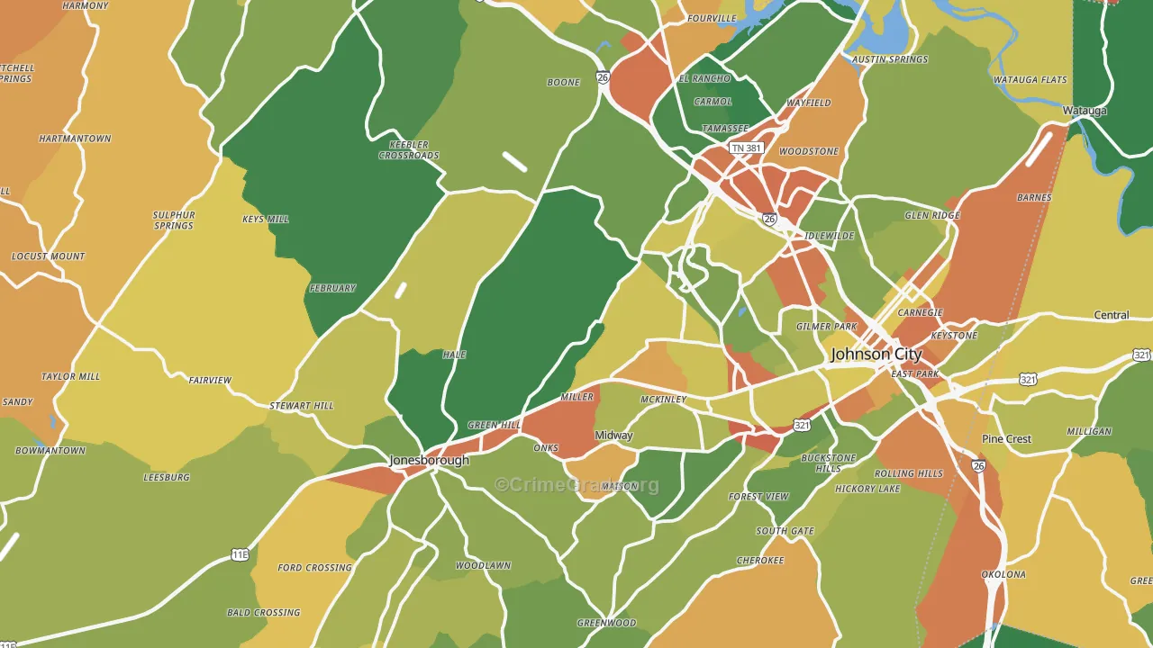 Washington County, TN Map of Robbery Rates