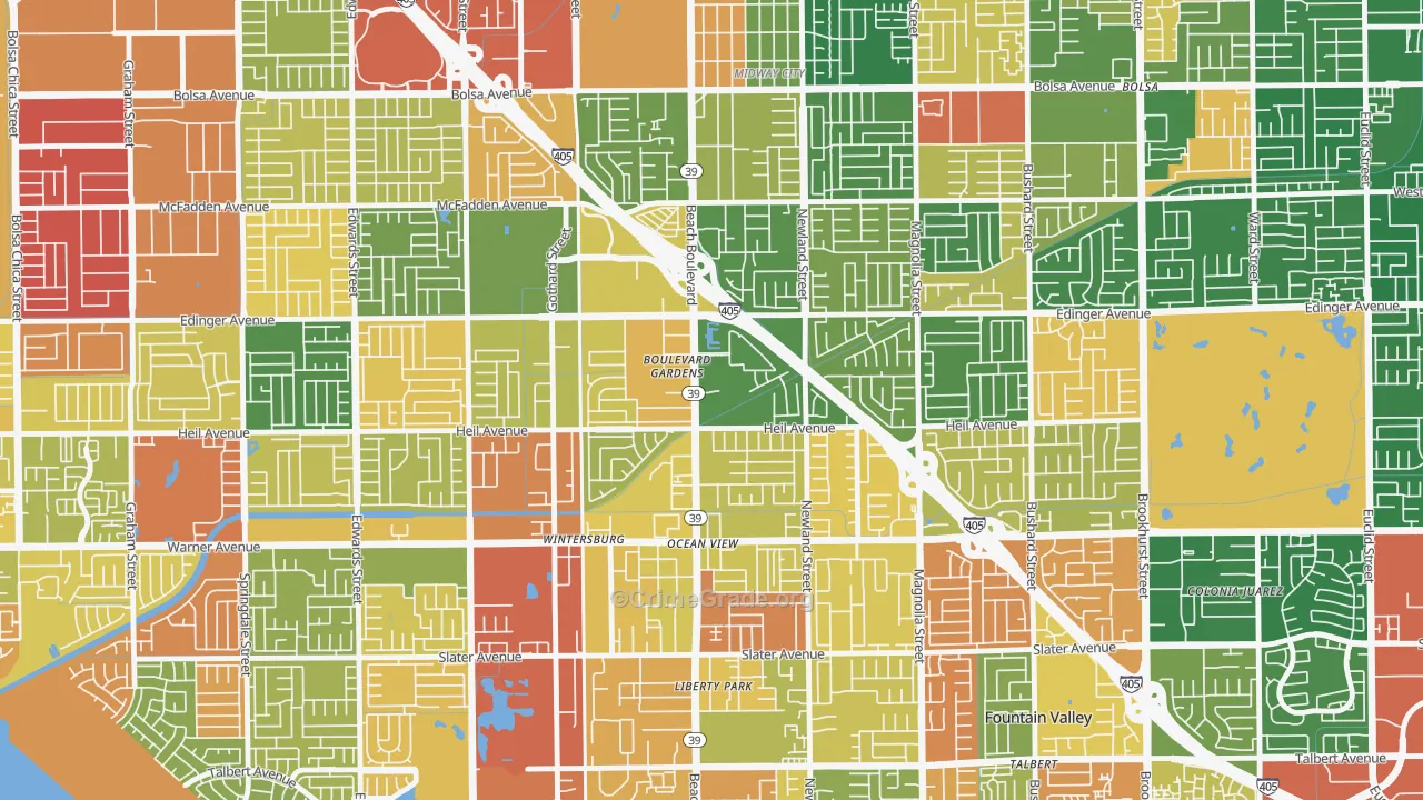 Washington, Huntington Beach, CA Map of Robbery Rates