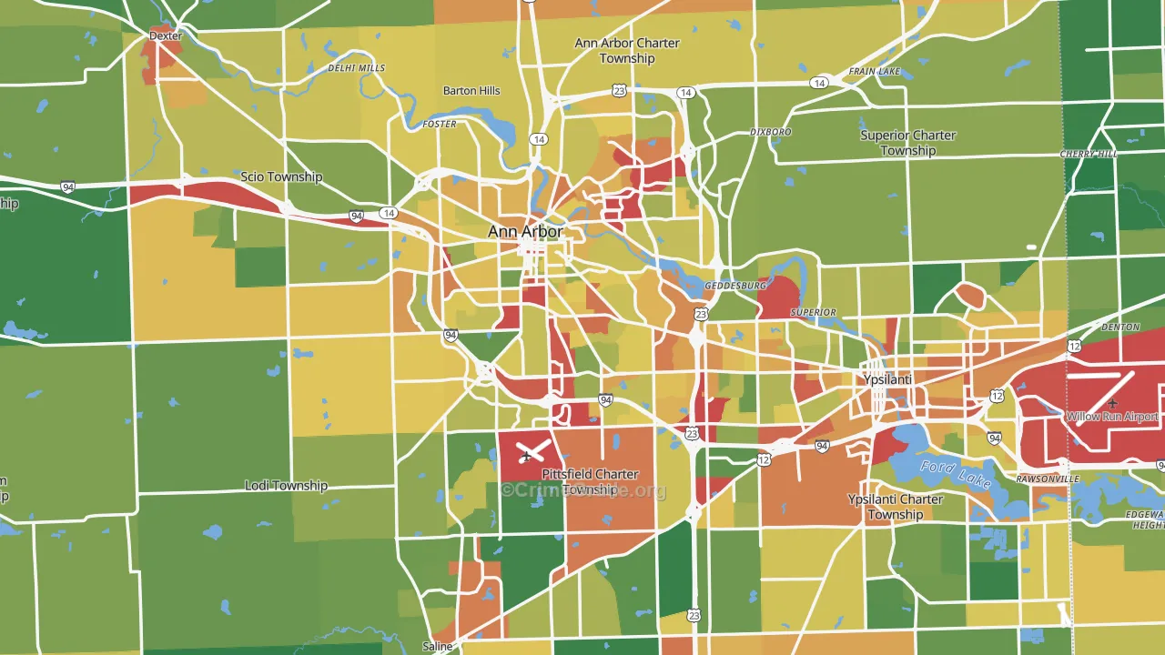 Washtenaw County, MI Map of Robbery Rates