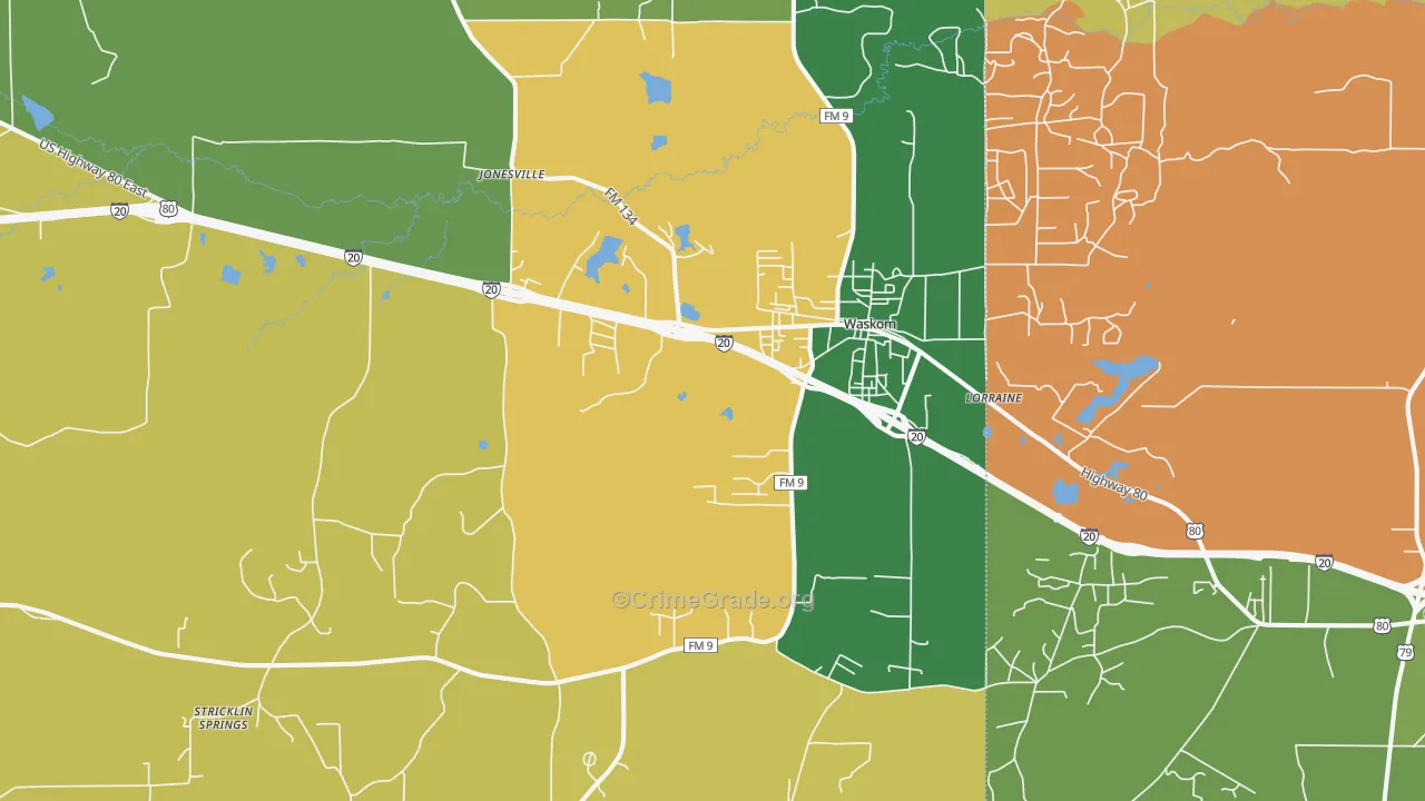 Waskom, TX Map of Robbery Rates