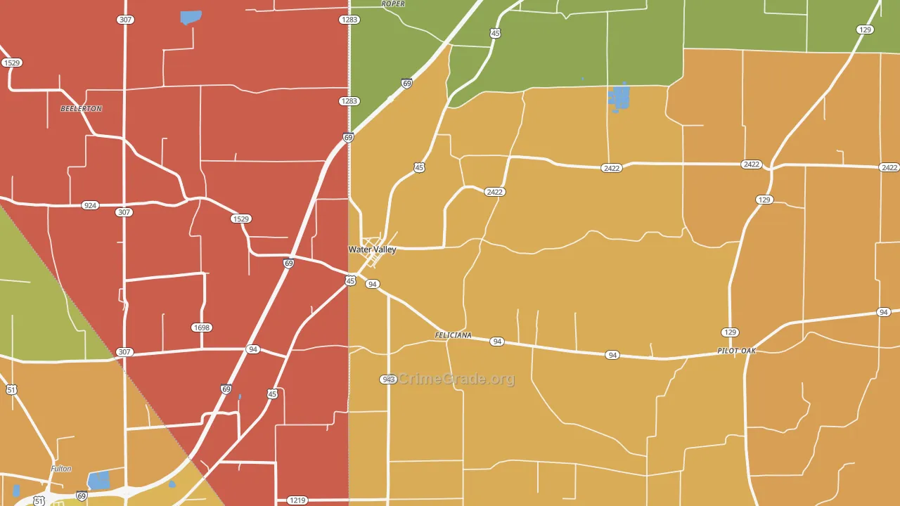 Water Valley, KY Map of Robbery Rates