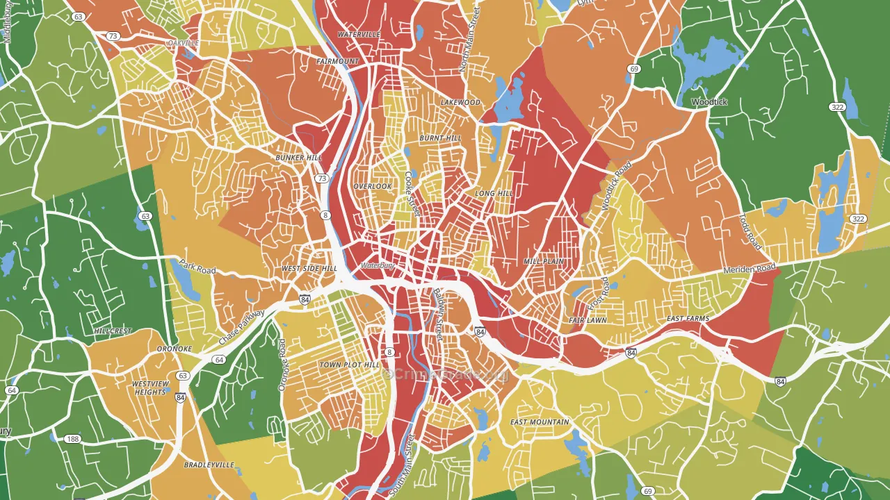 Waterbury, CT Map of Robbery Rates