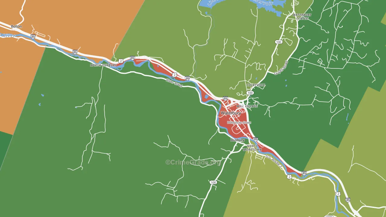 Waterbury, VT Map of Robbery Rates