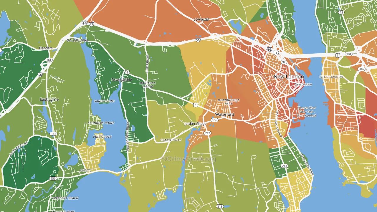 Waterford, CT Map of Robbery Rates