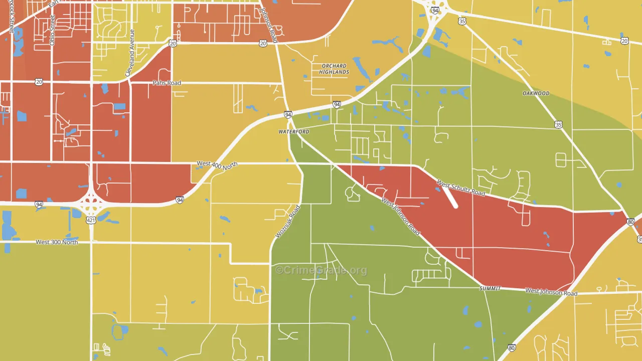Waterford, IN Map of Robbery Rates