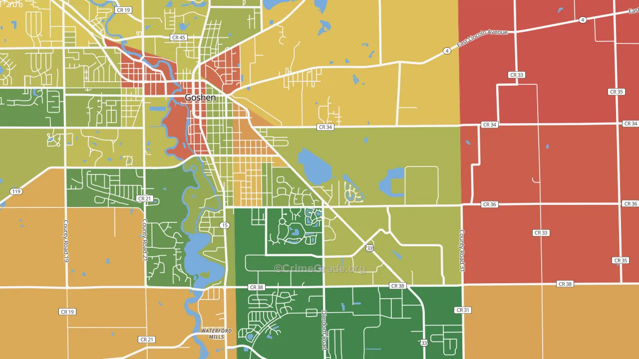 Waterford Mills, IN Map of Robbery Rates