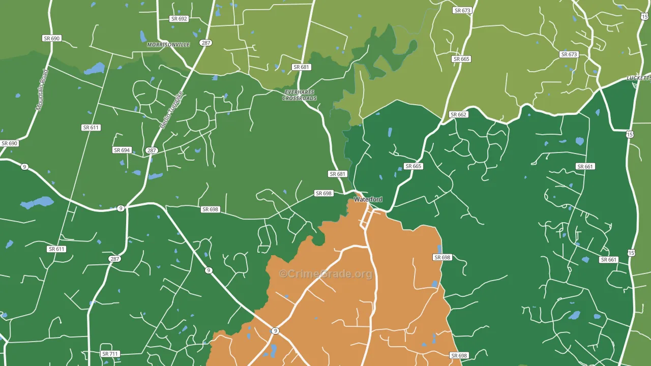 Waterford, VA Map of Robbery Rates