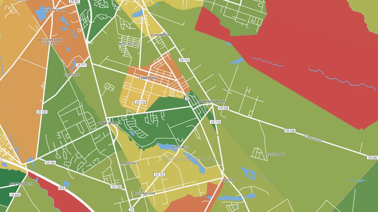 Waterford Works, NJ Map of Robbery Rates