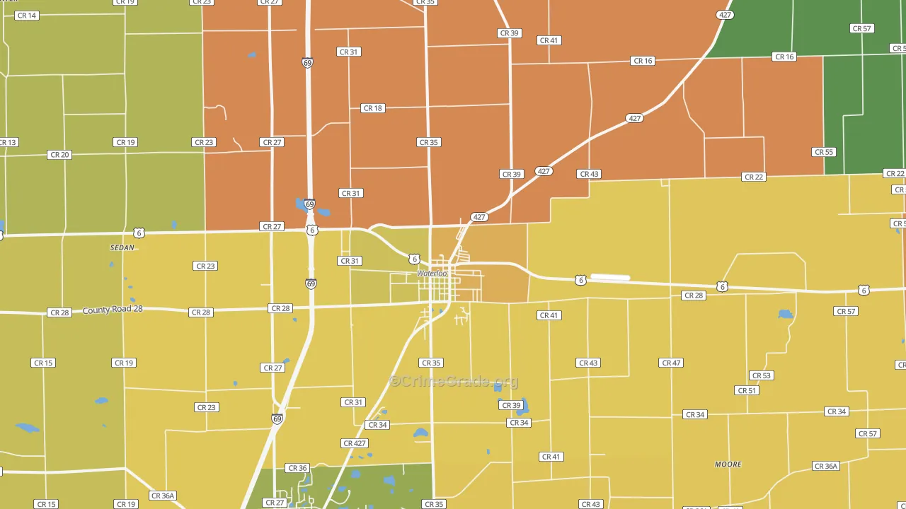 Waterloo, IN Map of Robbery Rates