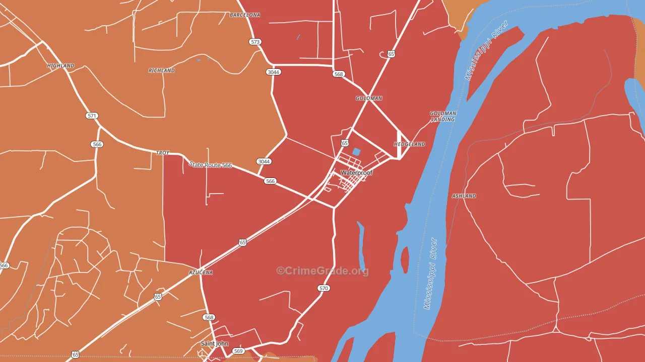 Waterproof, LA Map of Robbery Rates