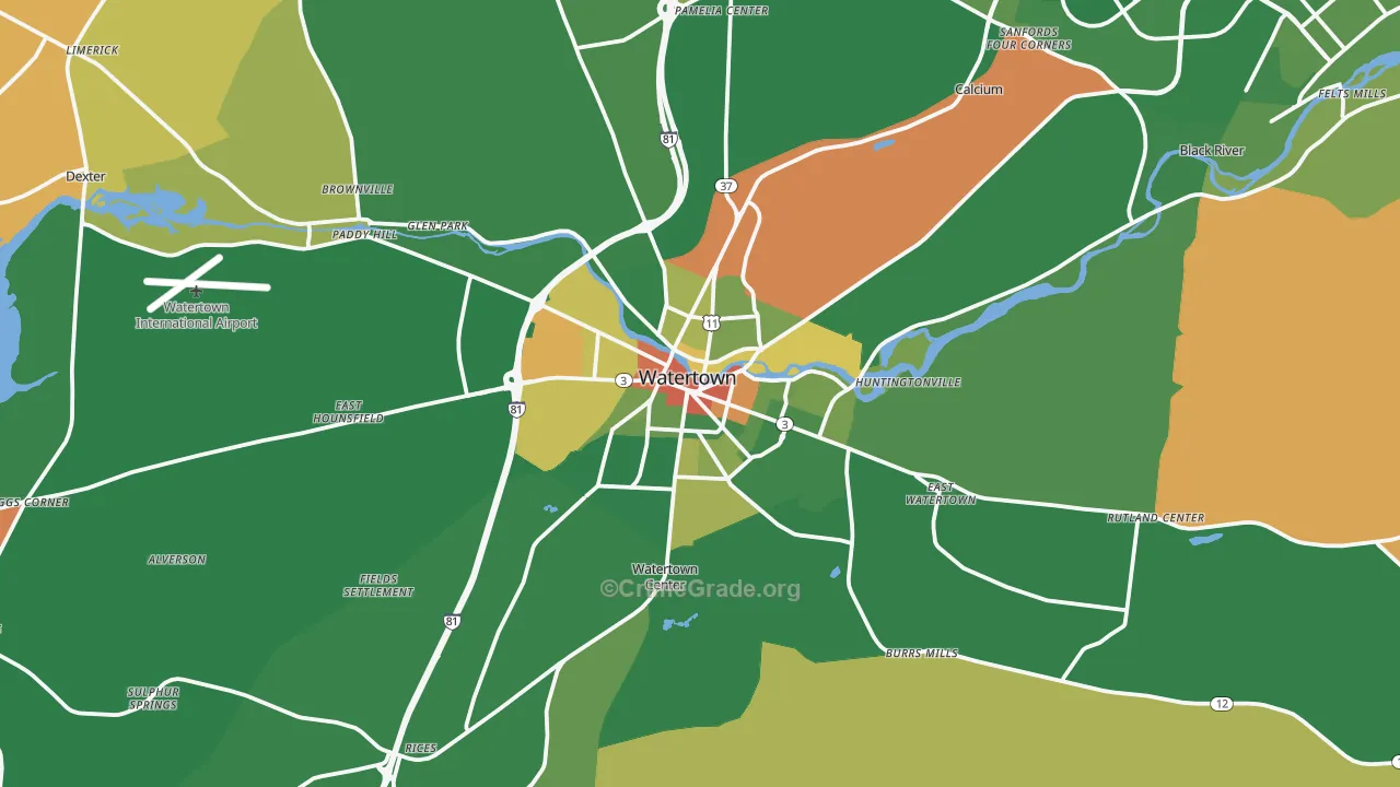 Watertown, NY Map of Robbery Rates
