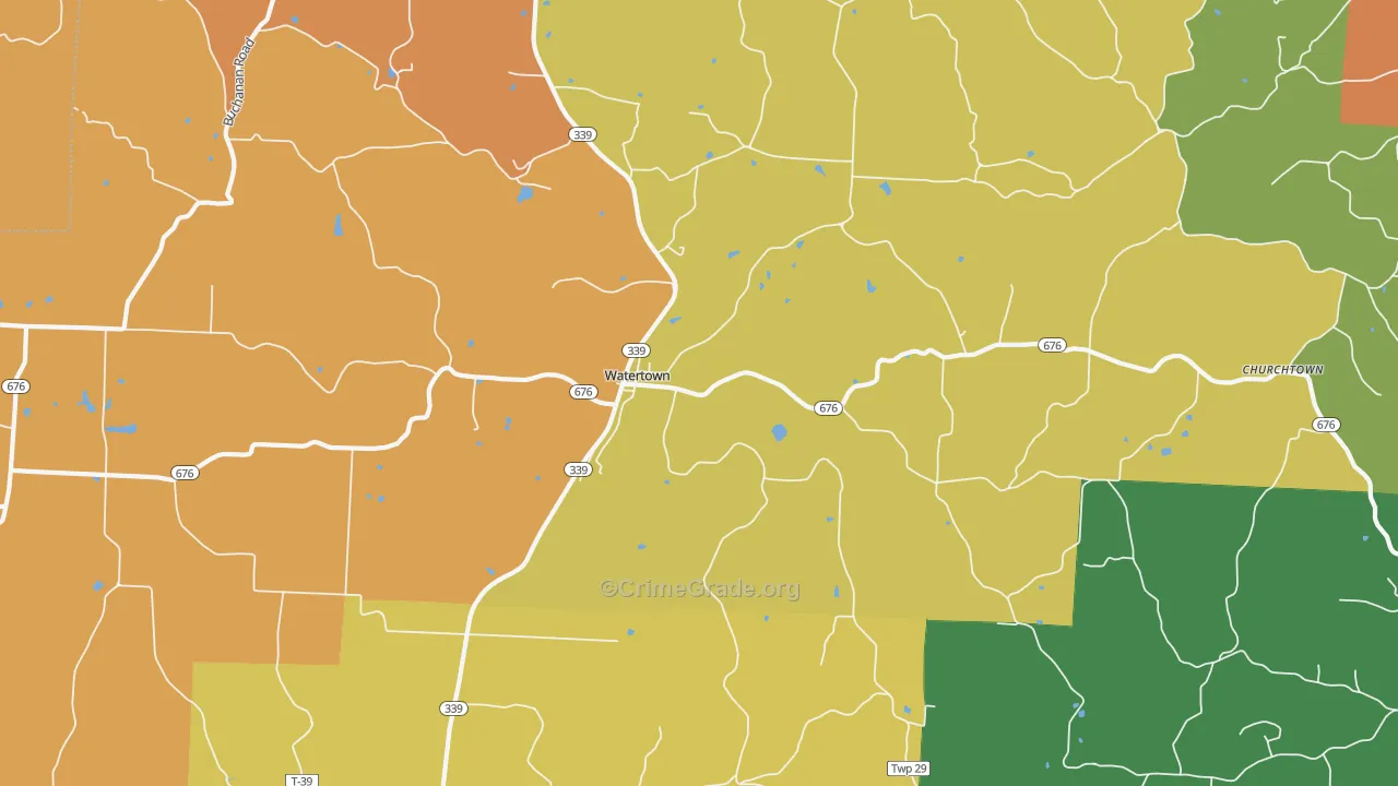 Watertown, OH Map of Robbery Rates