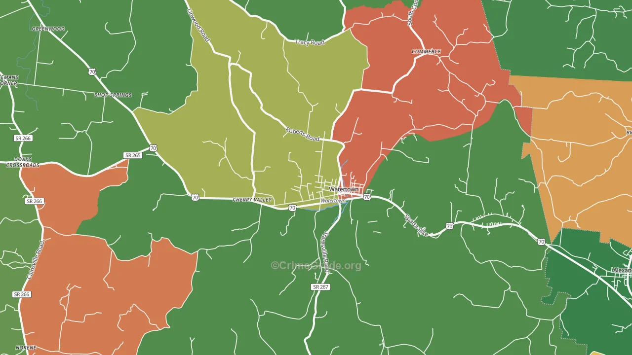 Watertown, TN Map of Robbery Rates