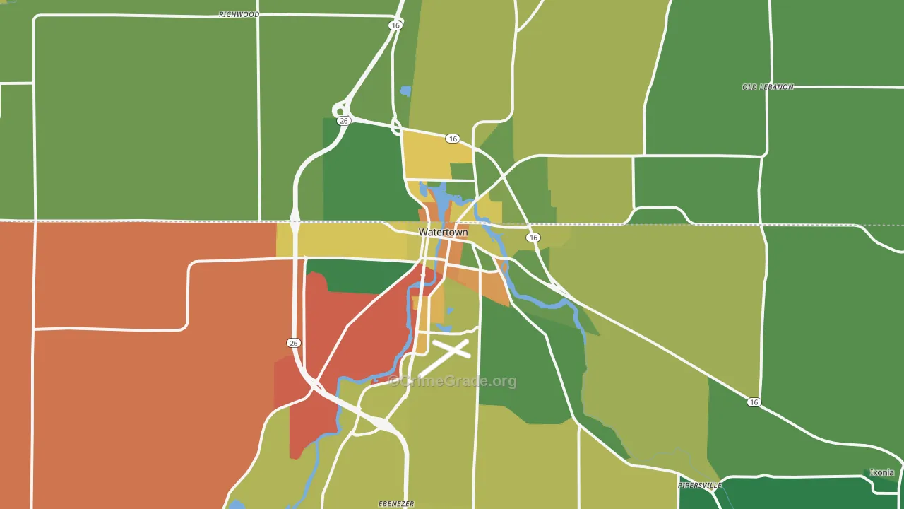 Watertown, WI Map of Robbery Rates