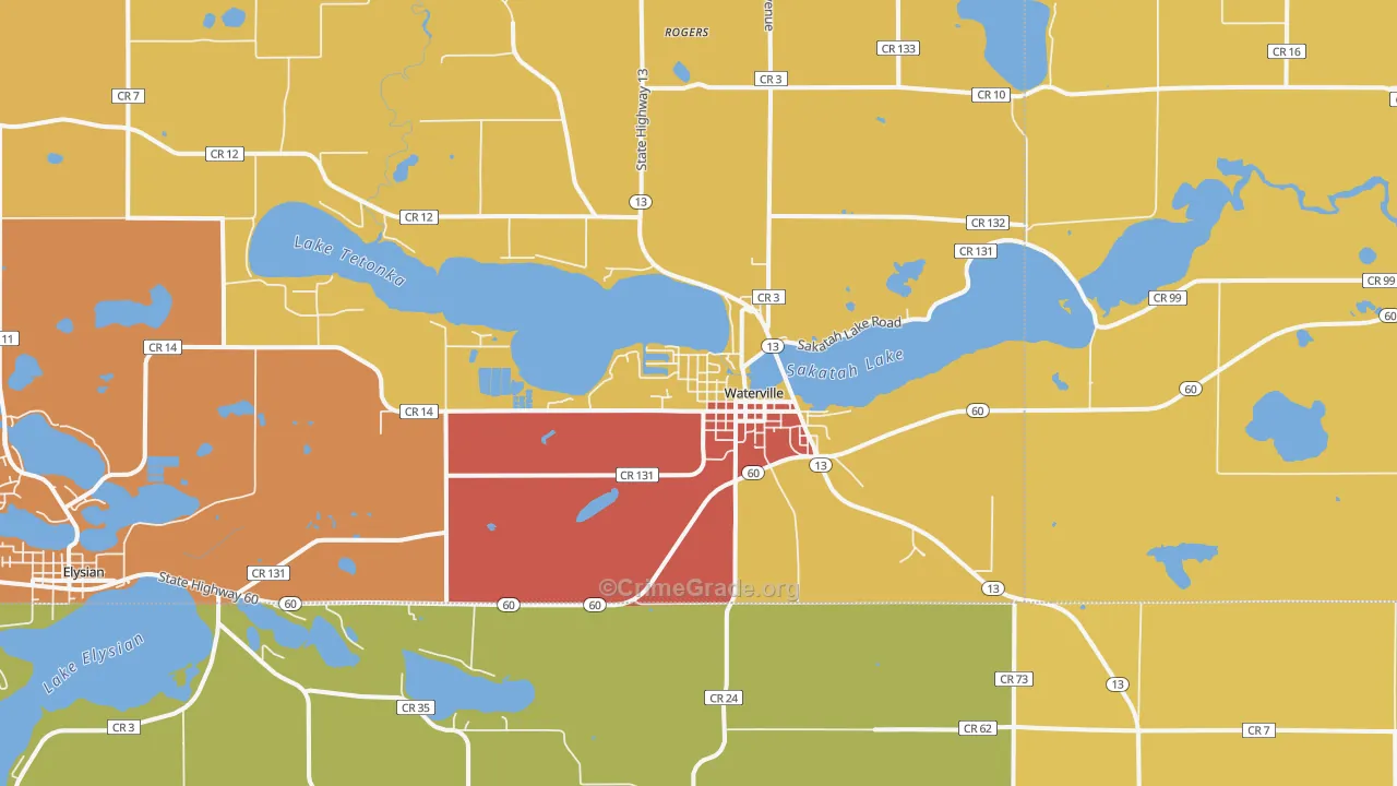 Waterville, MN Map of Robbery Rates