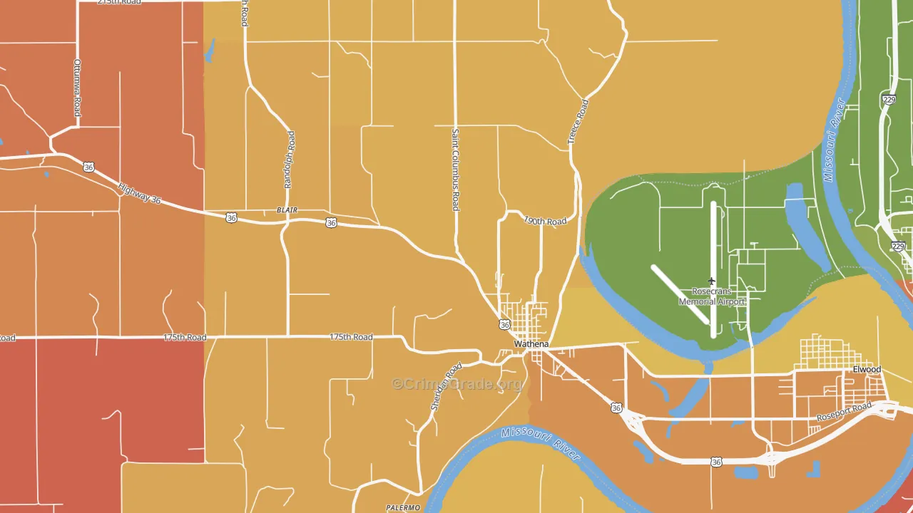 Wathena, KS Map of Robbery Rates