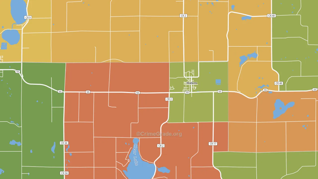 Watkins, MN Map of Robbery Rates