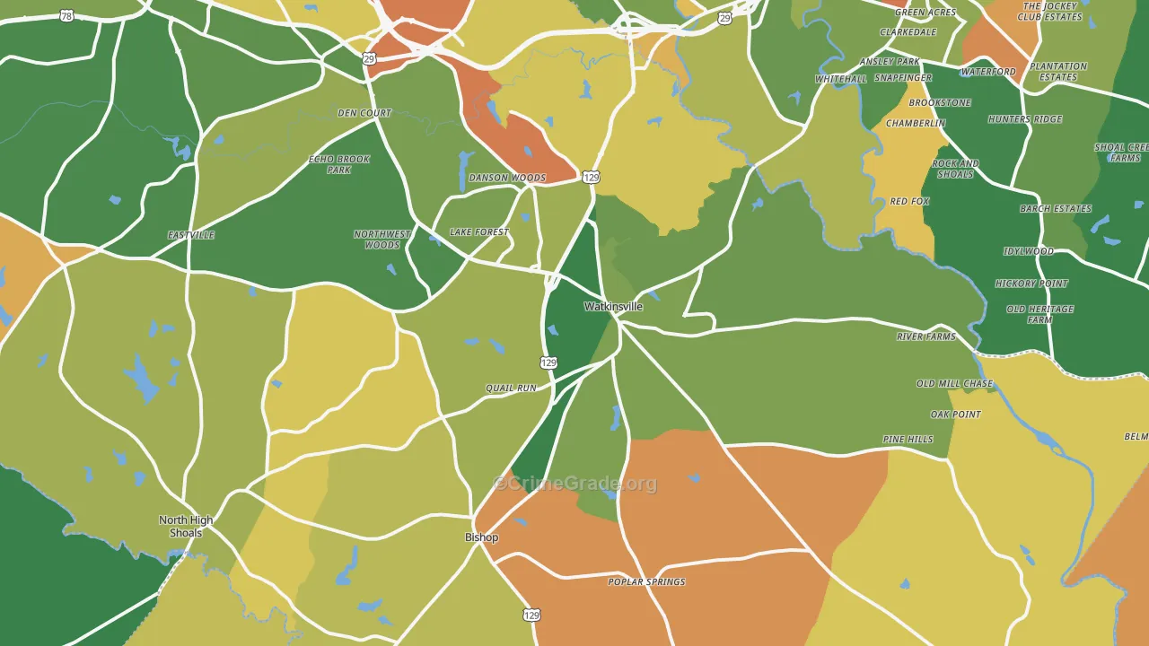Watkinsville, GA Map of Robbery Rates