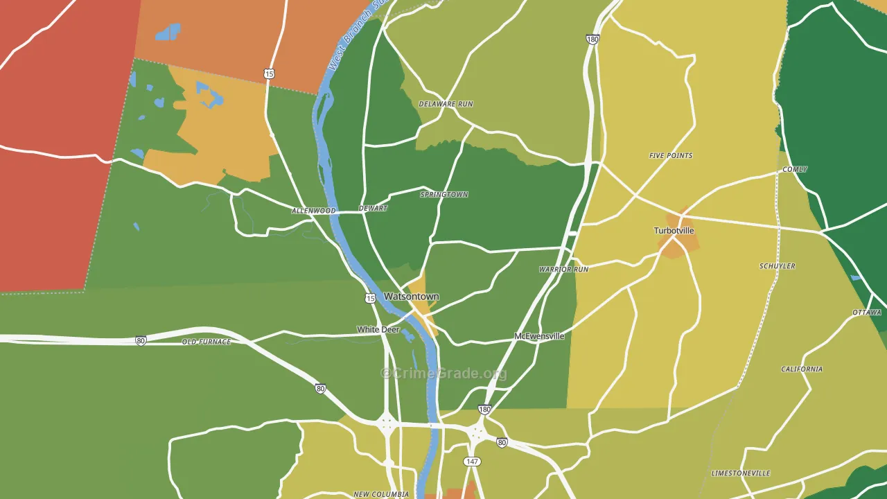 Watsontown, PA Map of Robbery Rates
