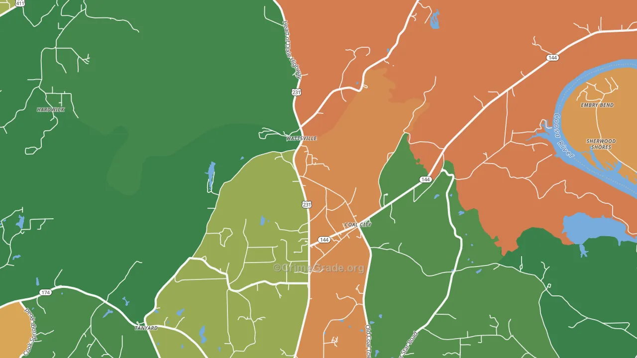 Wattsville, AL Map of Robbery Rates