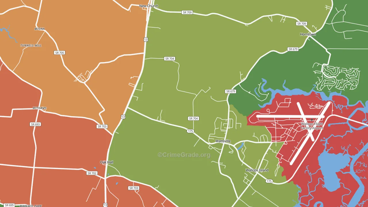 Wattsville, VA Map of Robbery Rates