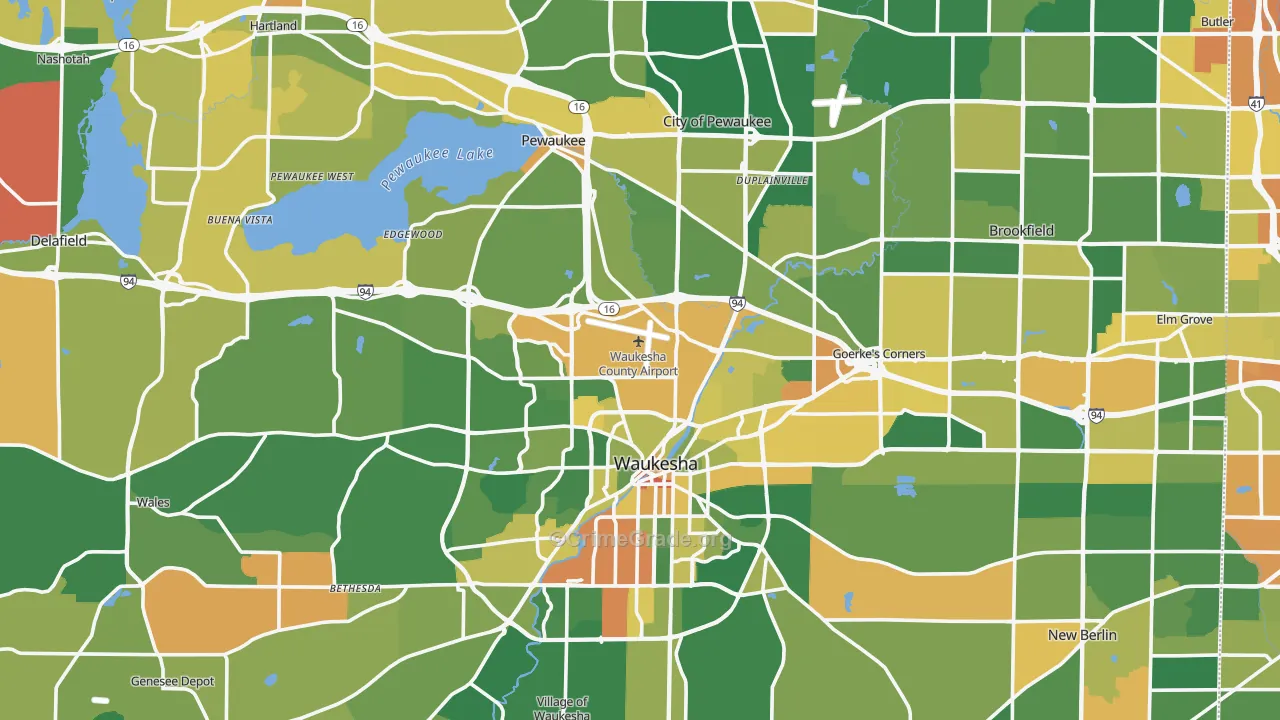 Waukesha County, WI Map of Robbery Rates