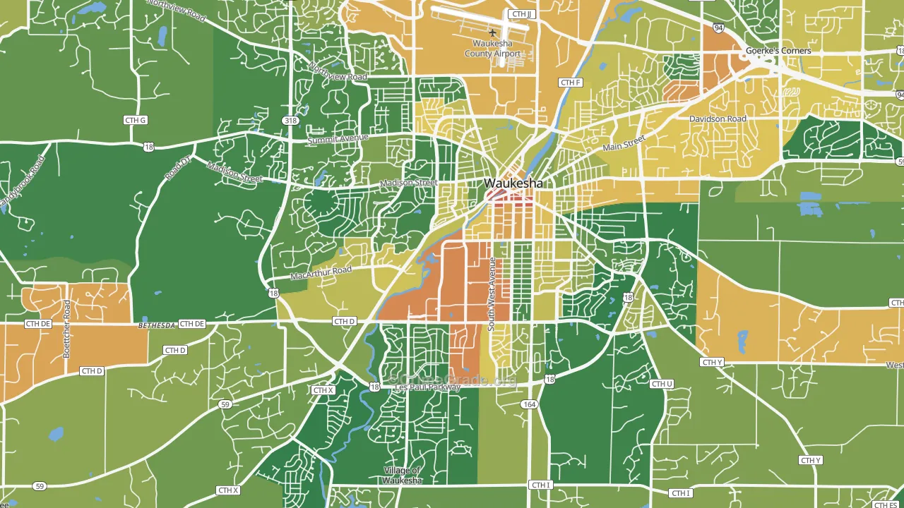 Waukesha, WI Map of Robbery Rates
