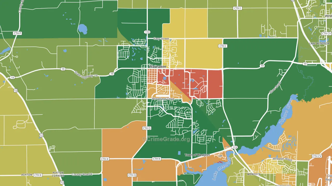 Waunakee, WI Map of Robbery Rates