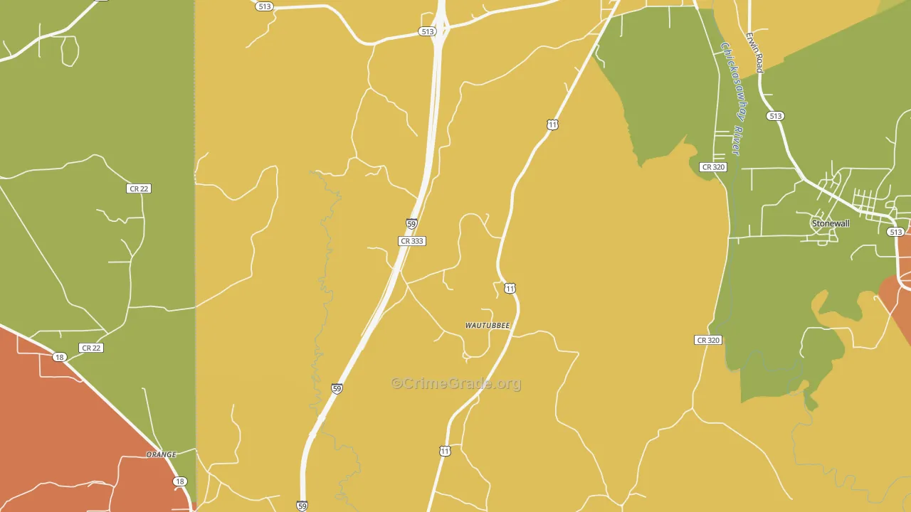 Wautubbee, MS Map of Robbery Rates