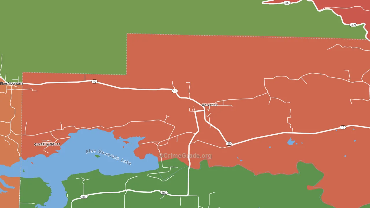 Waveland, AR Map of Robbery Rates