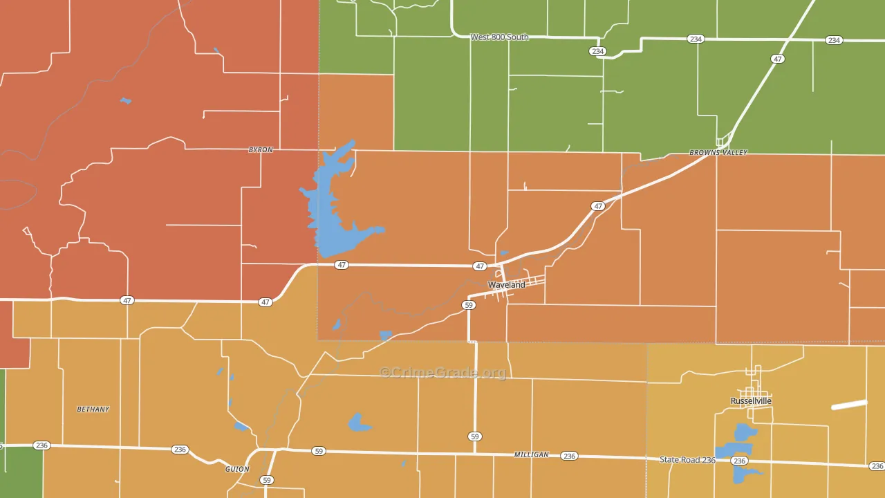 Waveland, IN Map of Robbery Rates