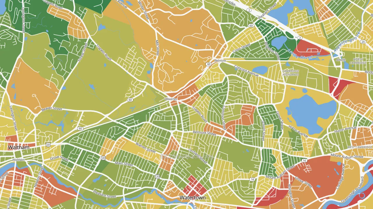 Waverley Square, Belmont, MA Map of Robbery Rates