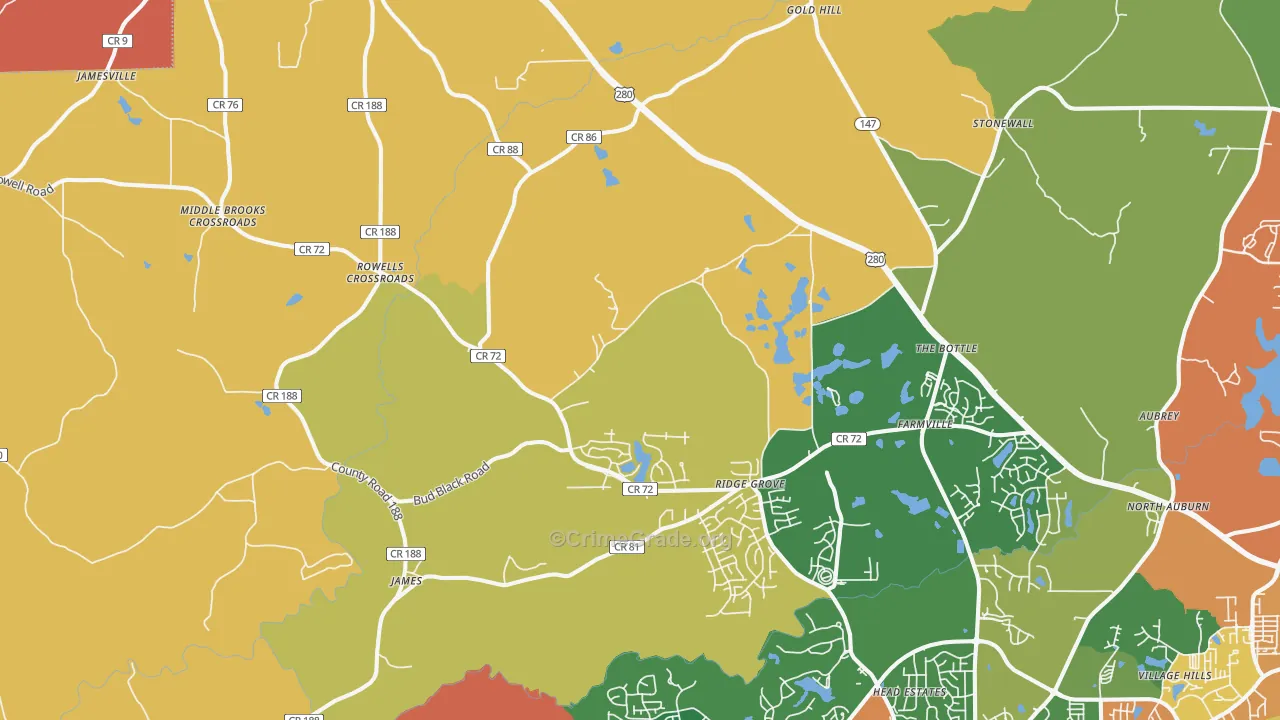 Waverly, AL Map of Robbery Rates