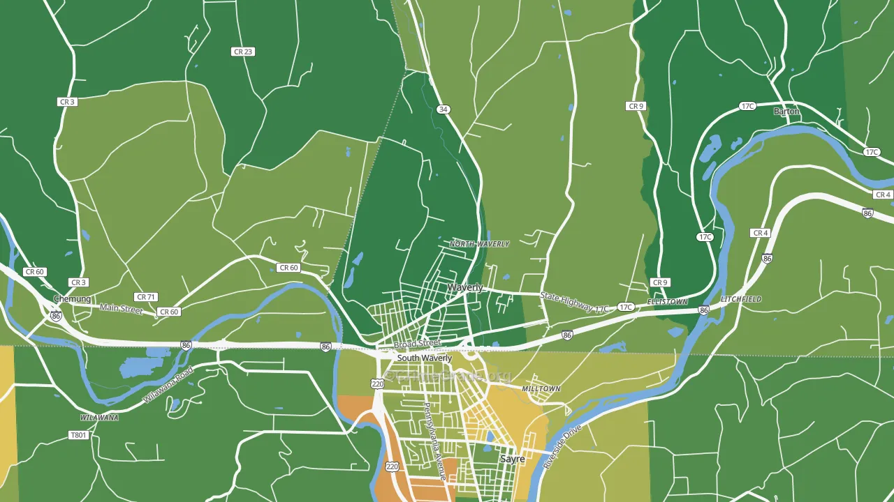 Waverly, NY Map of Robbery Rates