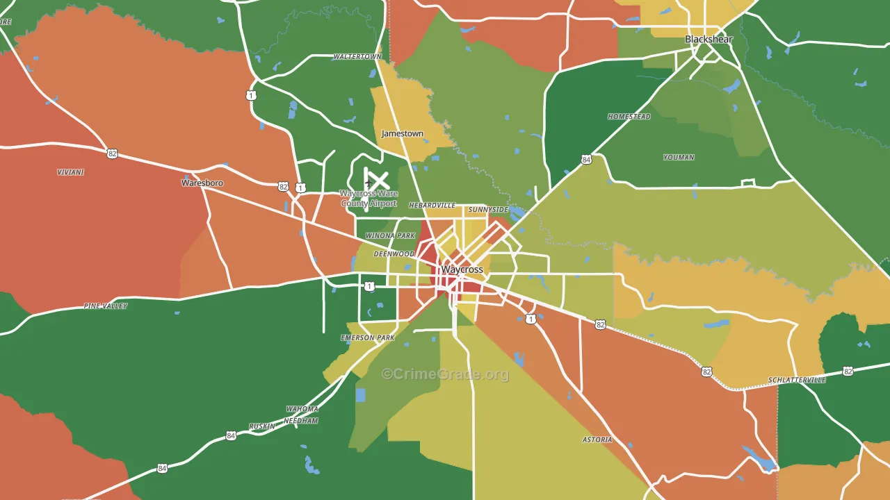 Waycross, GA Map of Robbery Rates