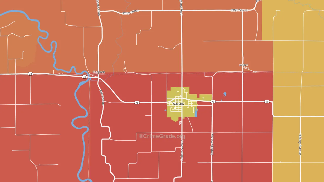 Wayland, IA Map of Robbery Rates