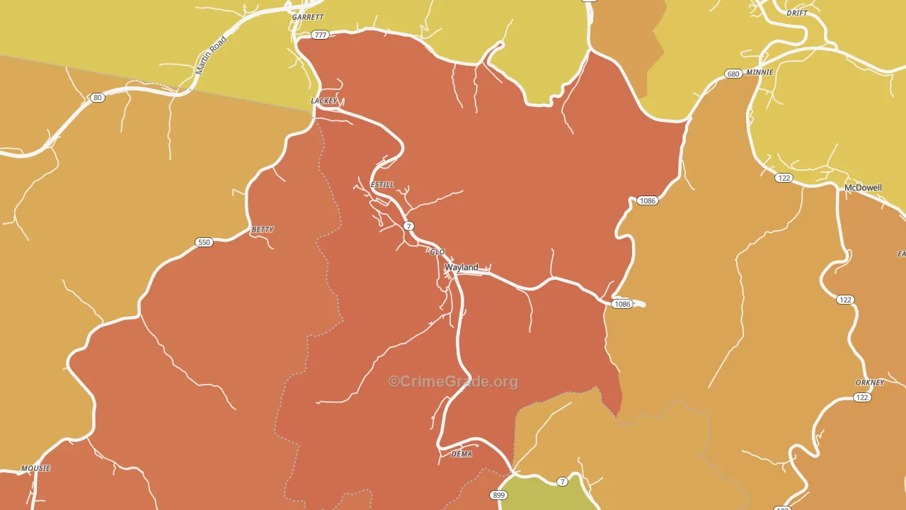 Wayland, KY Map of Robbery Rates