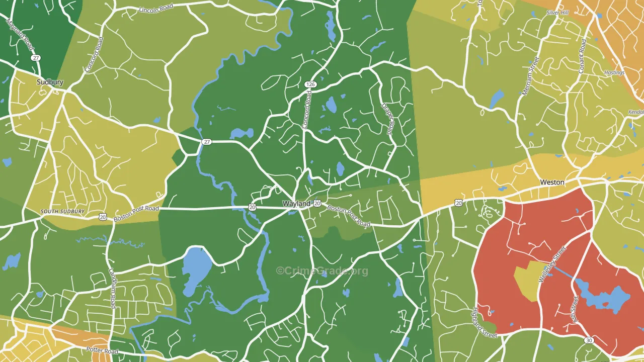 Wayland, MA Map of Robbery Rates
