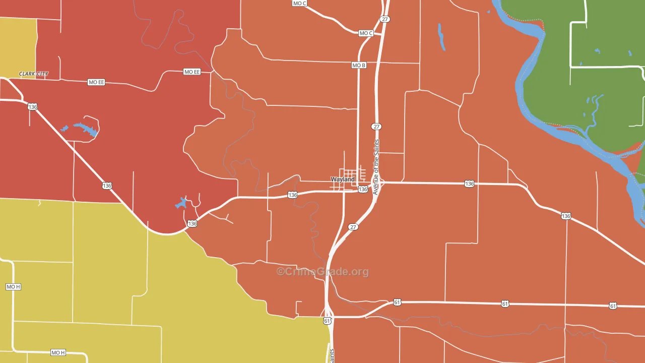 Wayland, MO Map of Robbery Rates