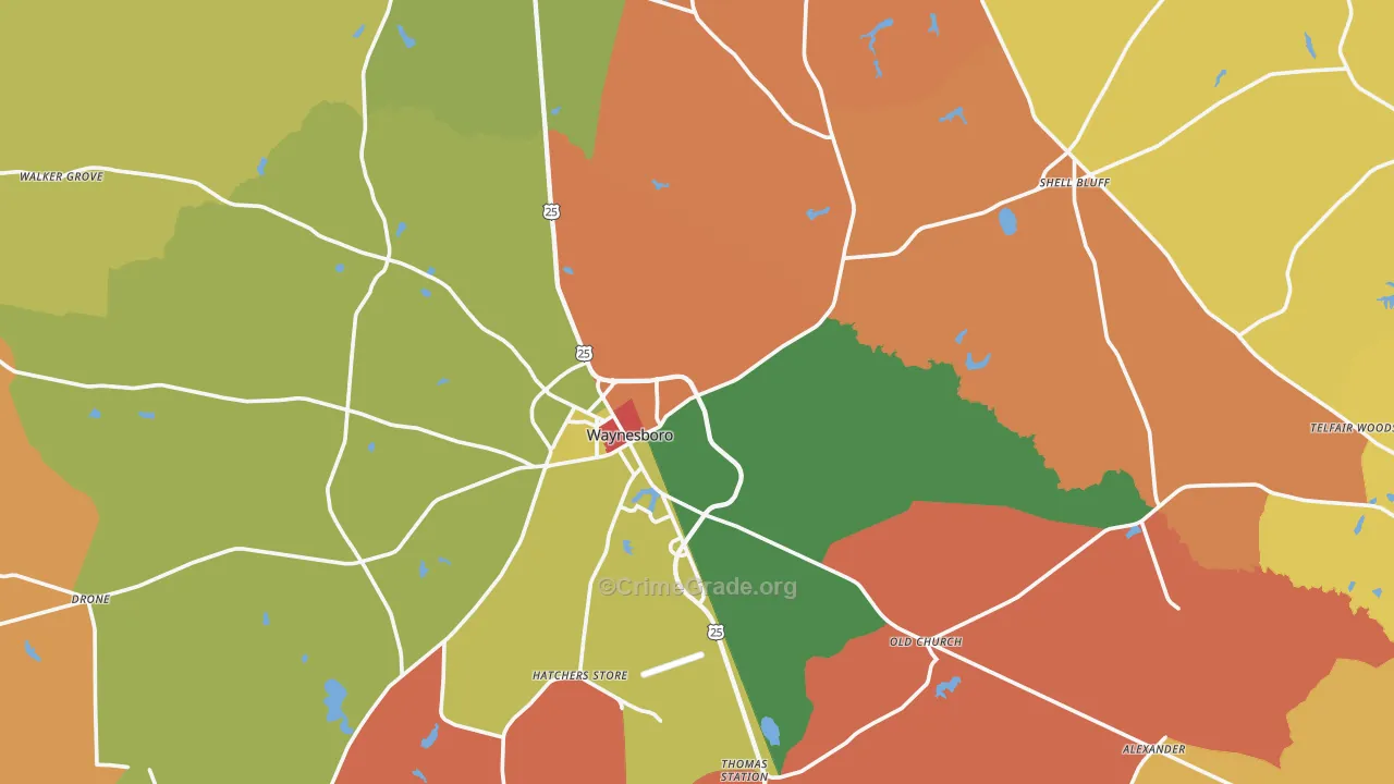 Waynesboro, GA Map of Robbery Rates
