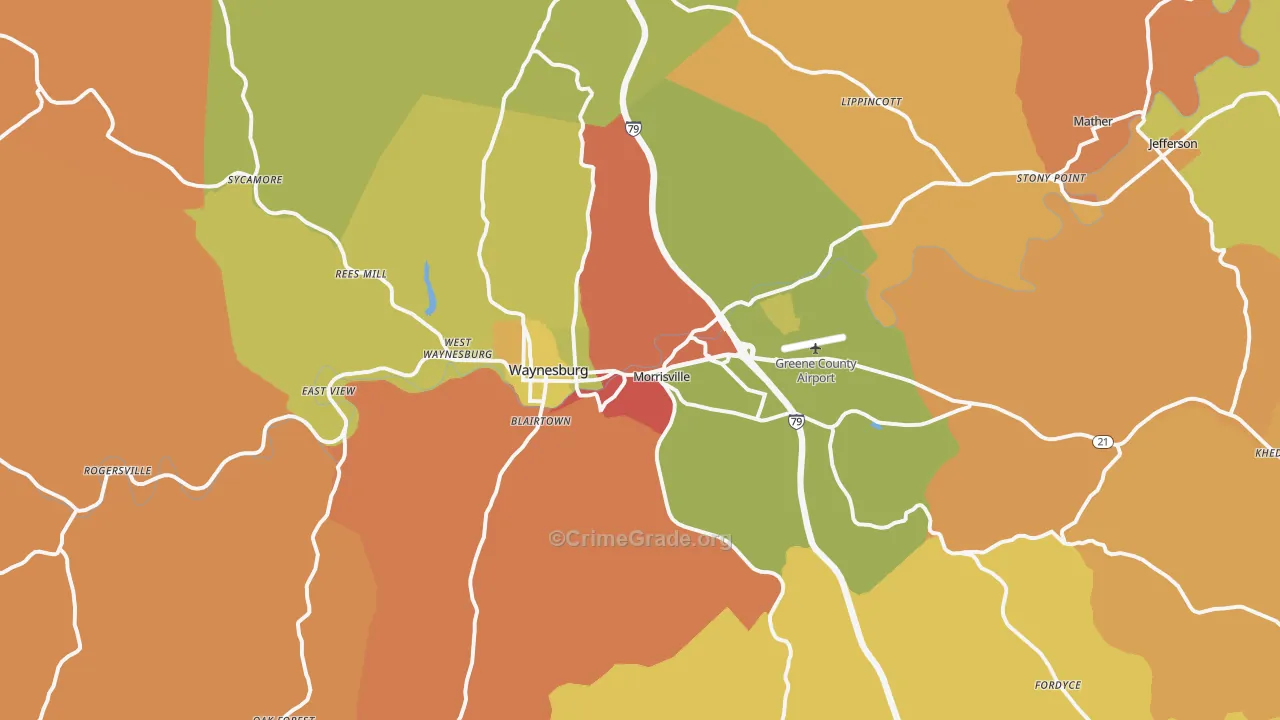 Waynesburg, PA Map of Robbery Rates